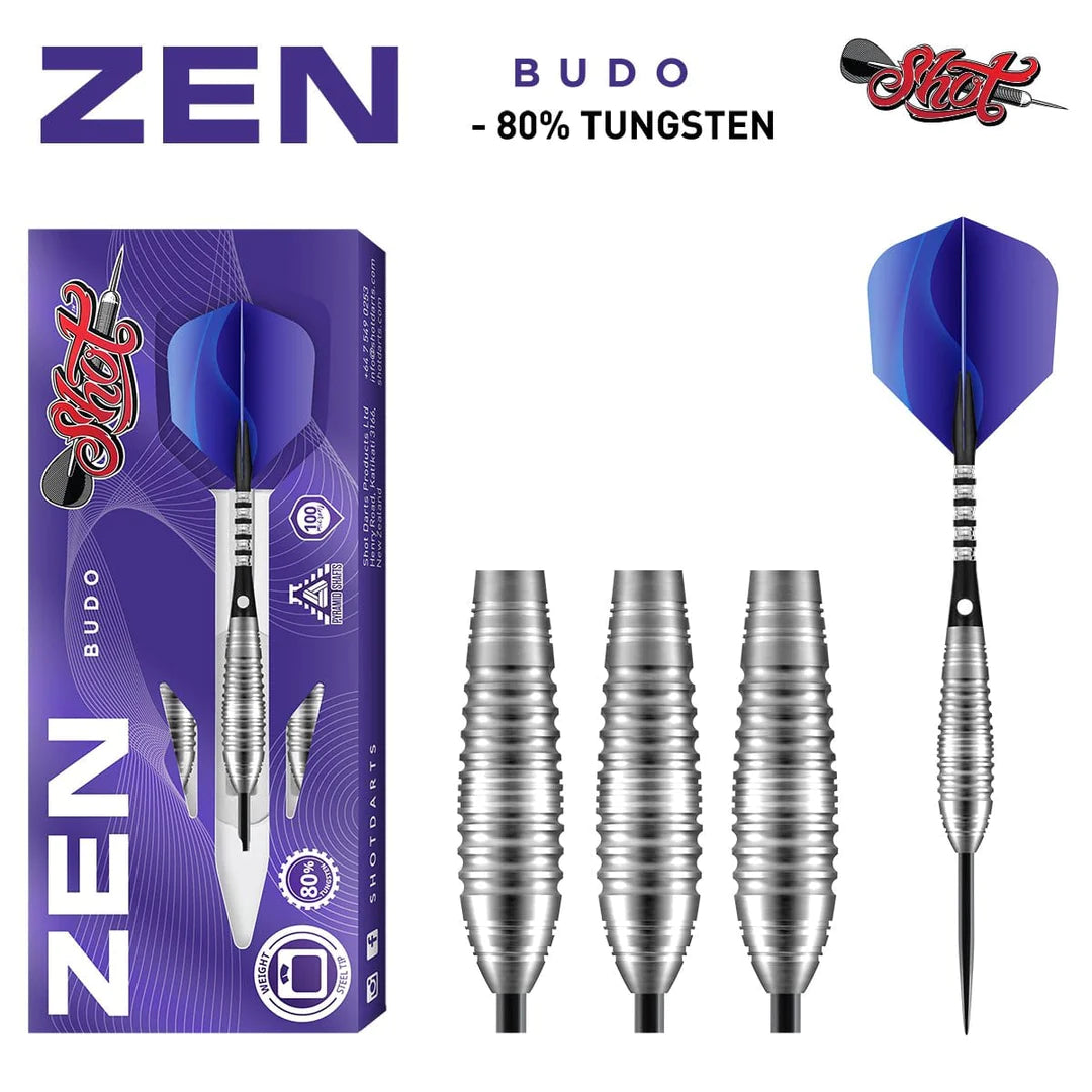Shot ZEN BUDO STEEL TIP DART SET-80%-TUNGSTEN BARRELS